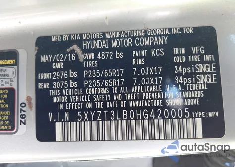 2017 Hyundai Santa Fe Sport 2.4L из США, поврежденный, VIN 5XYZT3LB0HG420005